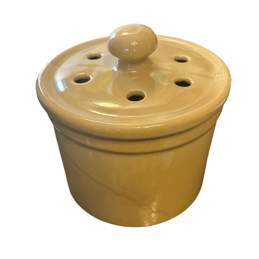 Vintage Mustard Yellow Ceramic Garlic Keeper Vented Lid Stoneware Storage Crock